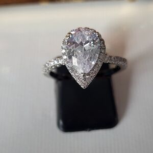 Gorgeous Pear-Shaped Halo Solitaire Ring Rhodium Finish